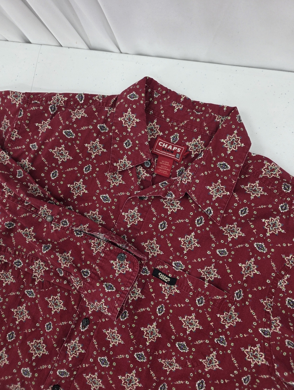 Vintage Chaps Denim Ralph Lauren L/S Red Geometric AOP Snowflake Design Mens L.